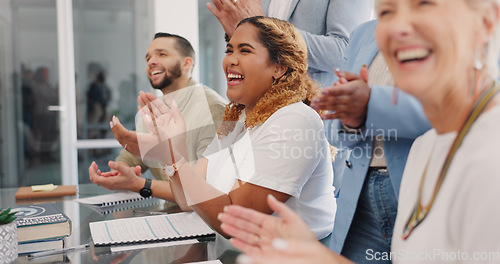 Image of Business people, applause and happy for business achievement, teamwork support and goals motivation in meeting. Team celebration, collaboration success and employee happiness or winning together