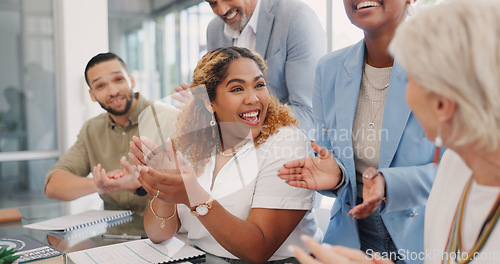 Image of Business people, applause or success in diversity meeting for marketing teamwork, advertising goals or branding target. Smile, happy or clapping for creative designer, men or women in office growth