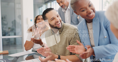 Image of Success, applause and team celebration in office at startup business meeting or business event. Congratulations, clapping hands and goals, support for winner teamwork, achievement and collaboration.