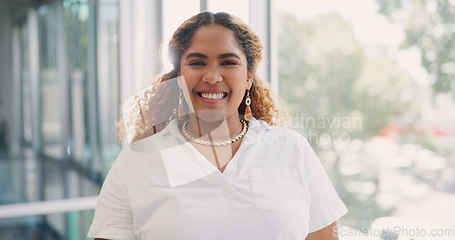 Image of Business woman, face and office employee happy about future lawyer profession feeling proud. Work window, success and portrait of a law firm employee with professional pride and happiness from job