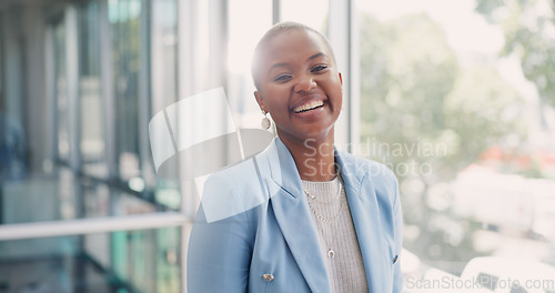 Image of Face, business and black woman in office, smile and marketing agency. African American female, portrait and entrepreneur with confidence, project manager and advertising for company and Nigerian ceo.