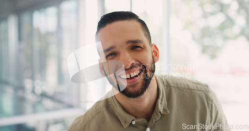 Image of Happy, smile and face of businessman in office for management, leadership or vision. Professional, mission and future with portrait of Brazil employee in startup agency for mindset, career or goal