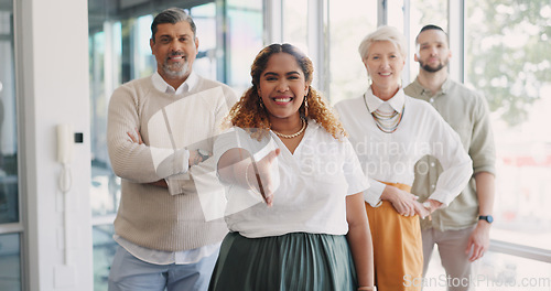 Image of Handshake, recruitment and business team welcome from woman in HR or agreement at startup office. Shaking hands, thank you and new recruit or partner. Hand shake and smile at human resources meeting.