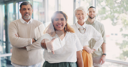 Image of Recruitment, handshake and business team welcome from black woman. Shaking hands, thank you and group portrait of happy people welcoming new employee, recruit or worker to startup company office.