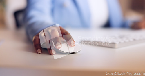 Image of Search, mouse and hands of business woman at computer for communication, networking and news app. Technology, innovation and contact with black woman scrolling for website, internet and social media