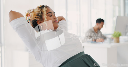 Image of Woman, office and relax for rest, tired or stop working at desk in marketing startup with smile. Corporate black woman, modern office or exhausted on break, relief or breathe at workplace in New York