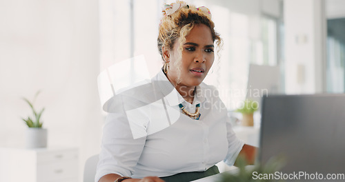 Image of Confused, error and business woman on laptop in office with information technology, 404 and problem of software or website. Doubt, angry or frustrated worker at her desk on computer mistakes or fail