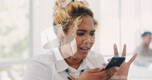 Image of Phone, problem and angry black woman on office with technical glitch, error and network issue at work. Communication, technology and frustrated female worker with no service connection on smartphone