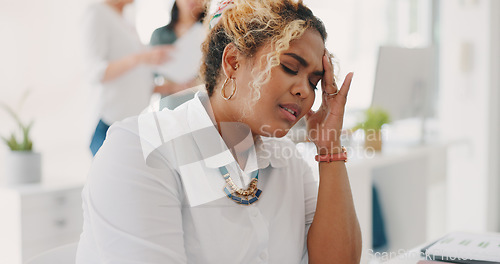 Image of Headache, stress and business woman with tech glitch, wifi problem and anxiety about connection. Angry, tired and marketing employee frustrated with laptop, phone and communication mistake at work
