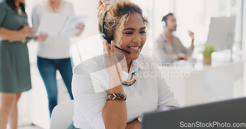 Image of Customer service, telemarketing agent and phone call for advice, help desk support or call center consultant working in office. Contact us, crm consultation or advisory employee smile with headset