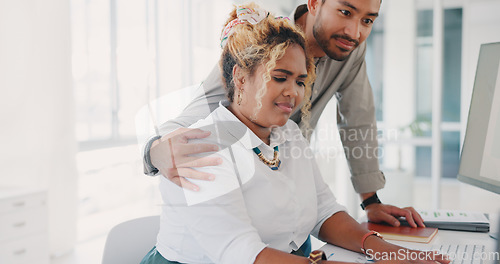 Image of Sexual harrasment, workplace abuse and business woman with inappropriate manager touching shoulder at computer desk with company policy problem. Man giving employee anxiety with human resources issue
