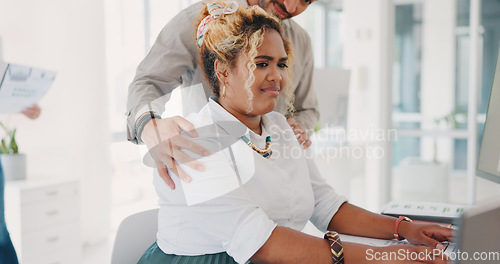 Image of Stress, fear and sexual harassment of woman at office worried and uncomfortable with touch of coworker. Anxiety of girl disgusted, scared and confused with harassment of accounting man at workplace.