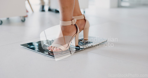 Image of Glitch, laptop and feet of business woman breaking screen in office, angry and frustrated with error, 404 and internet delay. stress, shoes and girl employee step on keyboard after fail or mistake