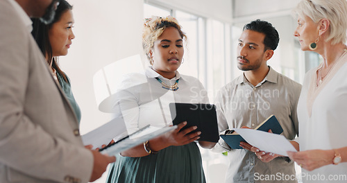 Image of Business meeting, woman and leader with team for planning, thinking and project management in office. Leadership, business people and documents for proposal, startup and idea in meeting for vision