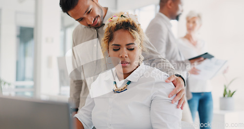 Image of Sexual harassment, touch and uncomfortable with a business man putting a hand on the shoulder of a woman colleague. Exploitation, unprofessional and victimization with an employee touching a coworker