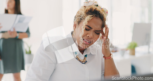 Image of Woman, stress headache and frustrated at office desk for deadline anxiety, employee burnout and mental health depression. Black woman, sad and business frustration or tired corporate worker in pain