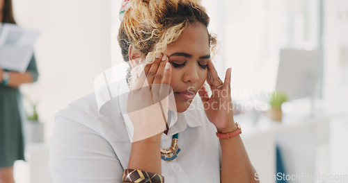 Image of Burnout, headache or depression black woman in office building with headache, deadline stress and mental health. Sad, frustrated or employee with financial, stock market crash or investment anxiety