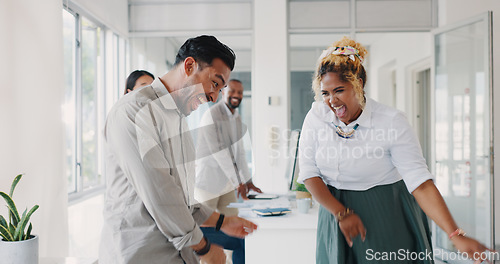 Image of Business people, dance in office and celebration for financial success, achievement and end of the year fun. Man, woman and dancing together, groovy and team building for startup company or workplace