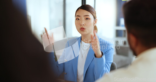 Image of Asian woman, meeting leader and business collaboration, marketing training or manager coaching in office. Team leadership, ceo talking and creative management or planning startup goals strategy