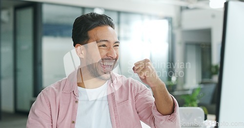 Image of Winner, motivation and celebration with a business man reaching a goal or target in his office at work. Wow, goals and success with a male employee celebrating a deal or promotion while working