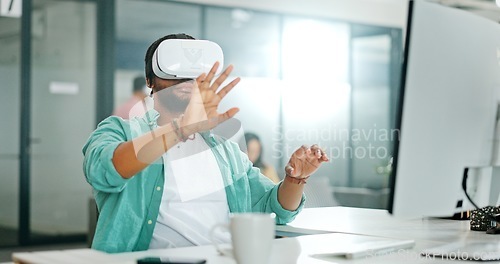 Image of Virtual reality metaverse, augmented reality vr and black man work on cyber dashboard, digital transformation or ai software. Futuristic, headset and creative graphic designer with future simulation