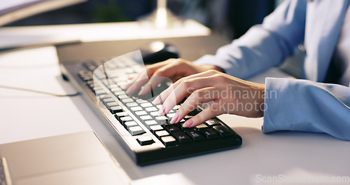 Image of Computer, hands and keyboard typing of a business woman coding for programmer code. Software, analytics and database research of a seo web design developer working on ui digital search experience