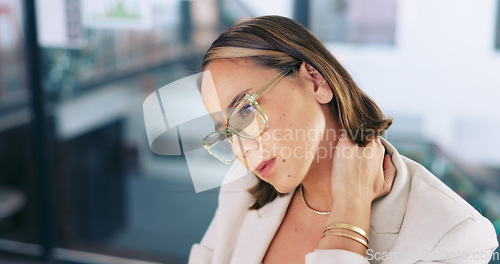 Image of Business woman, neck pain or night office stress for web design planning, website coding deadline or Japanese software programming. Creative designer, worker or muscle pain in burnout or late crisis