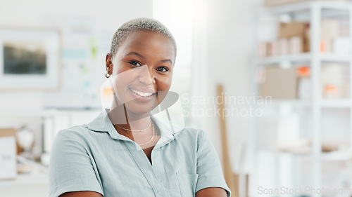 Image of Motivation, goal and business woman looking happy and proud in a startup company office. Leader, vision and small business owner enjoying her career success at new workspace, empowered and powerful