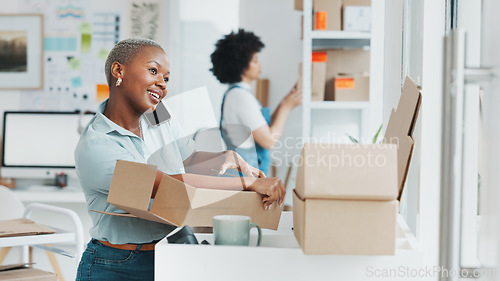 Image of Black, businesswoman and phone call in logistics startup consulting with customer while working at office. Happy African female talking to client or buyer on smartphone in small ecommerce business