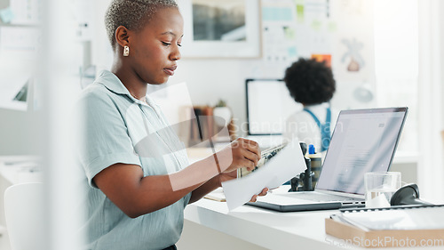 Image of Business owner black woman with letter envelope for logistics, administration or courier service working or planning mail in office workspace. Worker with company paper invoice documents management