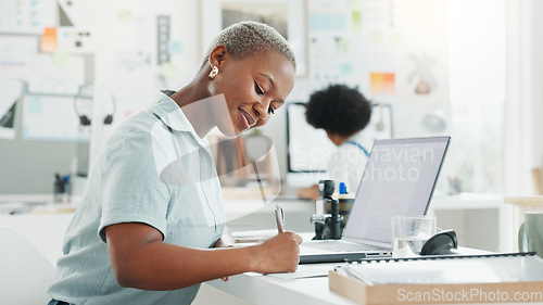 Image of Black woman receptionist, writing notes or letter with laptop on table planning schedule, agenda memo or boss calendar. Entrepreneur, business and female brainstorming start up ideas in office.
