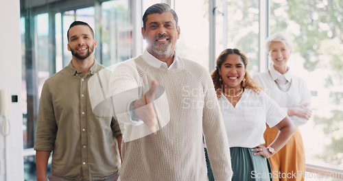 Image of Handshake, recruitment and business team welcome from woman in HR or agreement at startup office. Shaking hands, thank you and new recruit or partner. Hand shake and smile at human resources meeting.