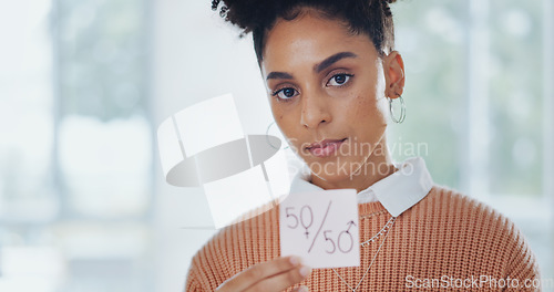 Image of Gender equality, business woman with paper for equal pay, face and protest with feminism and equality in the workplace. Professional for fair opportunity, portrait and income equity with human rights