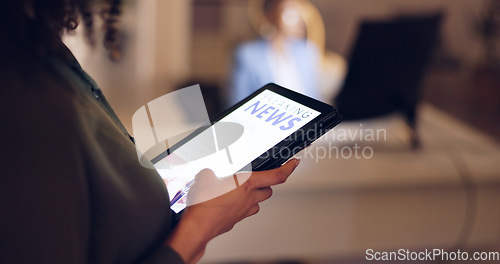 Image of Website, tablet and news journalist scroll, check or review world or global digital newspaper article at night. Mobile tech ux, ui or woman hands of brand editor browse online magazine, blog or media