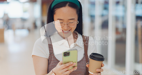 Image of Digital marketing woman, smile and phone in workplace, social network or chat at communication startup. Asian corporate executive, smartphone or happy for app, web or social media marketing in Tokyo