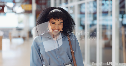 Image of Business woman, hair and portrait of a happy shy creative employee ready for working. Happiness, black woman and digital marketing worker in a office in the morning smile from web design work