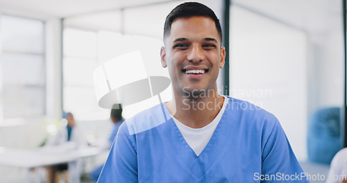 Image of Face, man and happy nurse in hospital, smiling and ready for tasks. Portrait, medical professional and confident, proud and successful male doctor with vision, mission and wellness goals in clinic.
