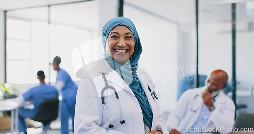 Image of Face, Islamic woman and doctor with smile, hospital and confidence for surgery, consulting and smile. Muslim female, lady and medical professional for healthcare, consultant and surgeon in clinic.