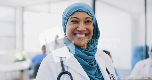 Image of Tablet, healthcare and happy muslim woman doctor in hospital for telehealth, medical research or management in Indonesia . Portrait of smile surgeon in hijab, digital technology or clinic information