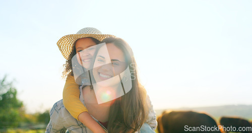 Image of Mother, child on farm, hug and bonding in the countryside, together farming, mom piggy back kid with fun outdoor in nature. Happy, woman and girl, agriculture and field, sustainability and cattle.