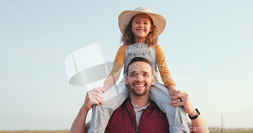 Image of Family, nature and girl with happy farmer bonding on a farm in summer. Portrait of loving parent and blue sky with a little child, enjoy fresh outdoors together and having fun in a agriculture field