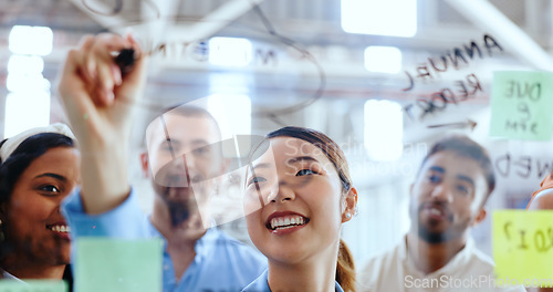 Image of Asian woman, leader and writing on glass wall, sticky note and business people collabpration for creativity or design training. Teamwork, post it and leadership, coaching or planning goals strategy