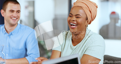 Image of Office meeting, business woman and corporate report of a company employee happy with client. Innovation strategy, team work idea and work mission data with black woman handing a contract or document