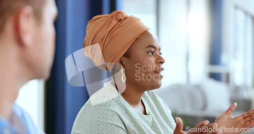 Image of Business meeting, leadership and black woman talking with business people. Speaker, mentor or ceo, boss or manager discussing or brainstorming creative sales ideas with coworkers in company workplace
