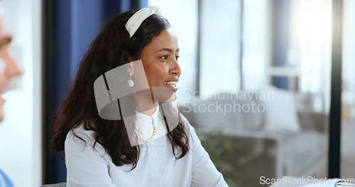 Image of Leadership, black woman and talking in business meeting in office boardroom. Opinion, speaker and female brainstorming creative sales, marketing or advertising ideas with business people in workplace