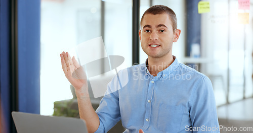 Image of Leadership, business man and talking in meeting at office workplace, chatting or speaking. Company presentation, speaker and male employee brainstorming creative sales, marketing or advertising ideas