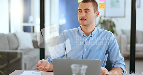 Image of Businessman, laptop and leader talking in office for coaching, creatie training and presenting ideas. Corporate man, leadership and speaking to business people for collaboration or sales marketing