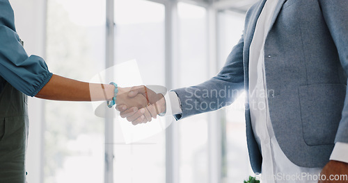 Image of Handshake, office and business people in partnership, agreement or onboarding b2b contract. Meeting, company deal and professional colleagues shaking hands for welcome or greeting in the workplace.
