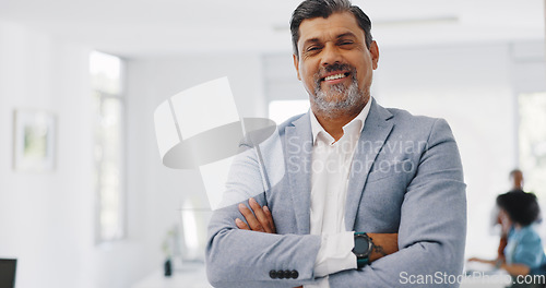 Image of Senior businessman, portrait and crossed arms in office happy for leadership, management success vision and corporate ceo smile. Elderly manager, employee goals happiness and confident business owner