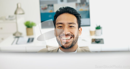 Image of Internet, search and businessman on a computer for planning, creative and happy in office. Male, entrepreneur and handsome, corporate and employee typing, browsing and email, smile and satisfied